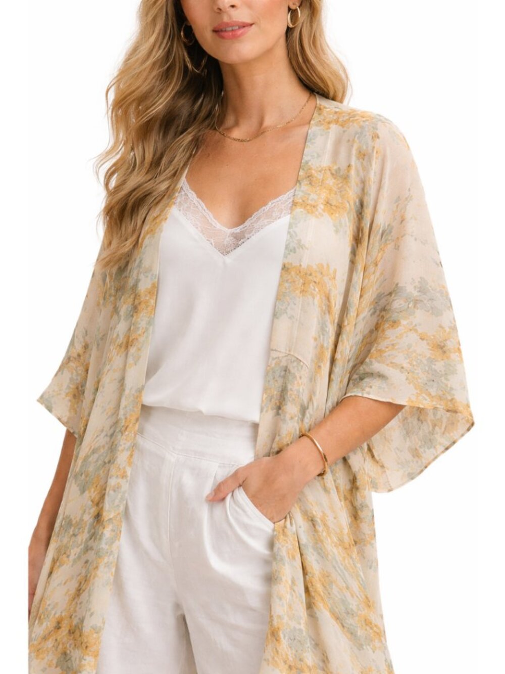 Ruggine Cream Mustard Blue Print Kimono NWT Boho Lightweight Duster Cardigan OS